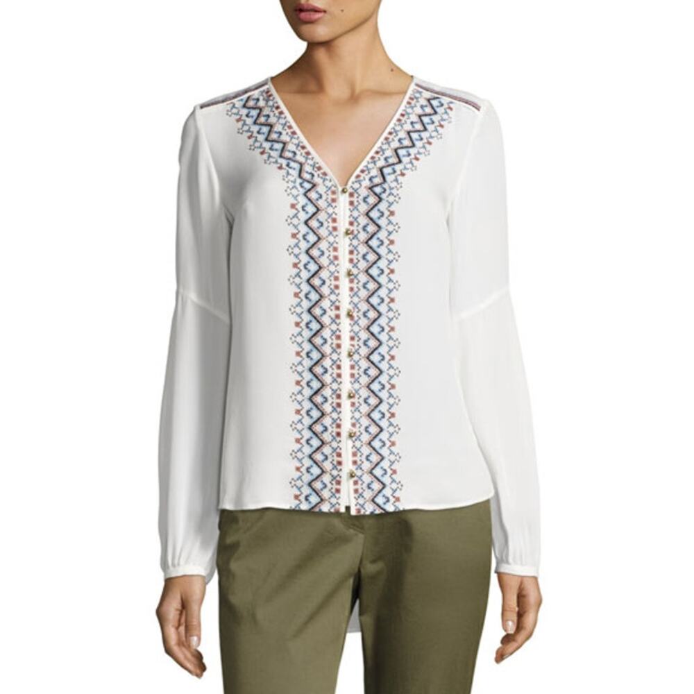 Veronica Beard Dream Long Sleeve Embroidered Silk Blouse Off White - Picture 10 of 12